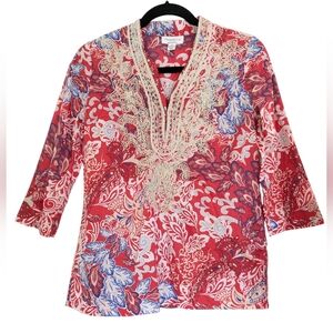 CHARTER CLUB Cotton Peasant Tunic Top Blouse Petite Sm Gold Boho Colorful Travel